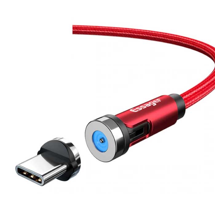 Câble de charge magnétique USB-C 1 mètre avec prise rotative à 540° - Câble de données pour chargeur en nylon tressé à charge rapide 2,4 A Rouge