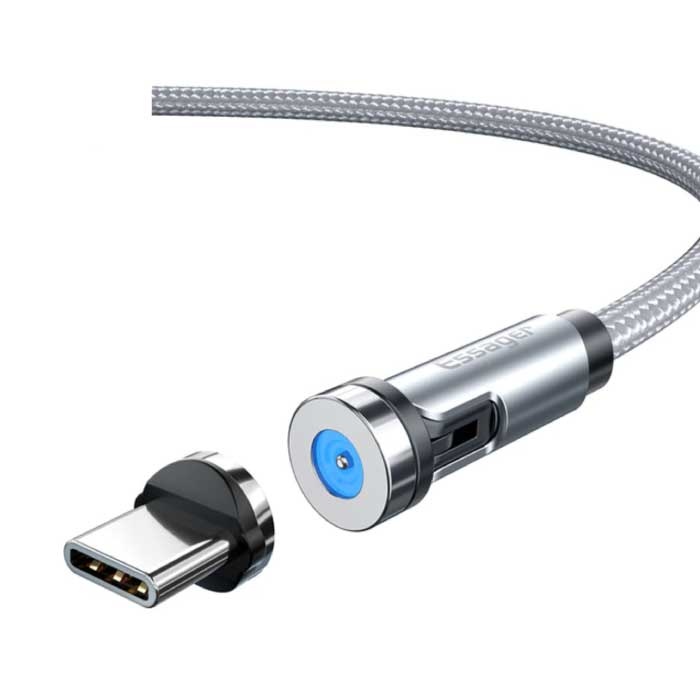 USB-C Magnetic Charging Cable 1 Meter with 540° Rotating Plug - 2.4A Fast Charging Braided Nylon Charger Data Cable Silver