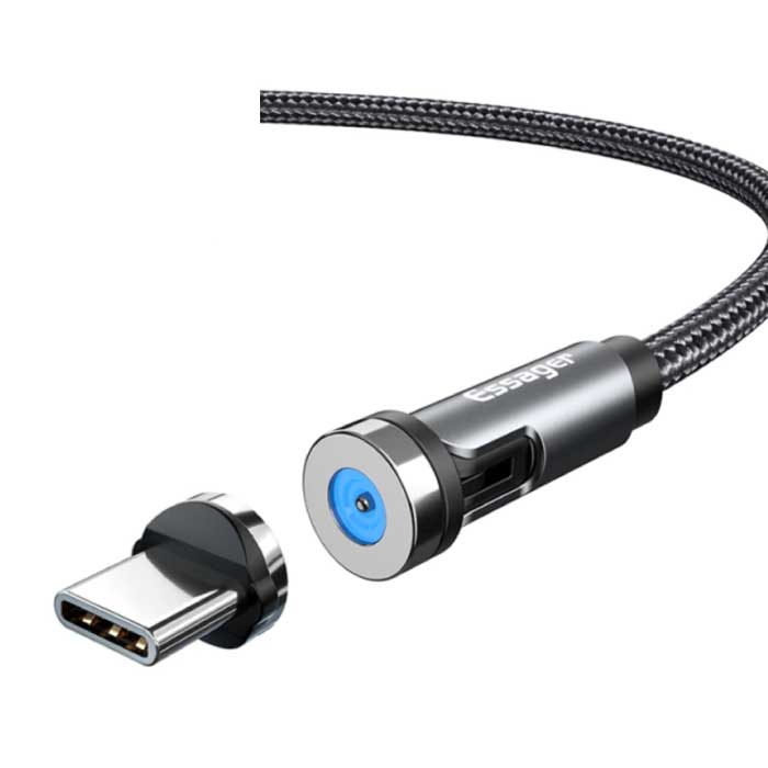 Magnetyczny kabel ładujący USB-C 2 metry z obrotową wtyczką 540° - 2,4 A z szybkim ładowaniem, pleciony kabel nylonowy do ładowania, szary