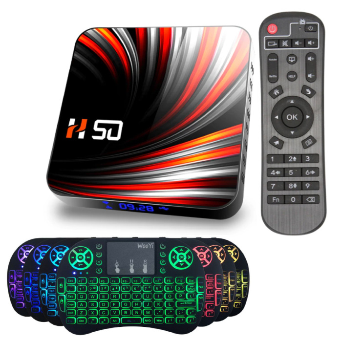 H50 TV Box Media Player mit kabelloser RGB-Tastatur - Android 10 - 4K - Kodi - 2GB RAM - 16GB Speicher