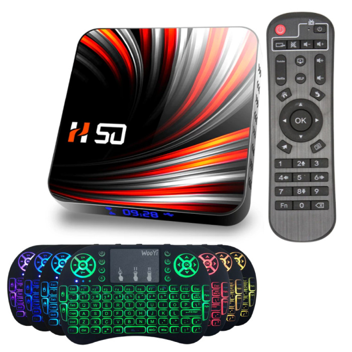 H50 TV Box Mediaspeler met Draadloos RGB Toetsenbord - Android 10 - 4K - Kodi - 2GB RAM - 16GB Opslagruimte