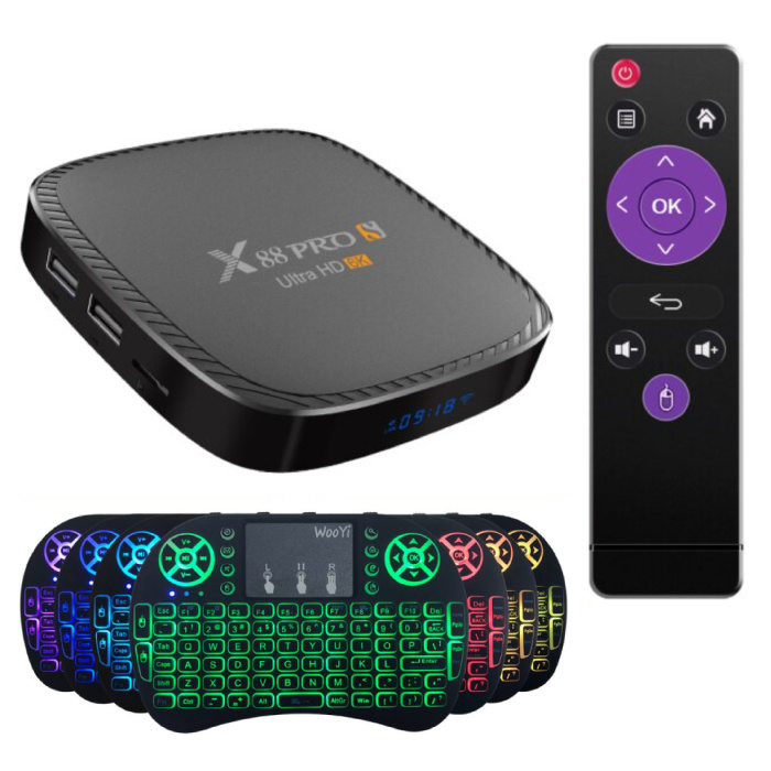 X88S TV Box Media Player Android 10 avec clavier RGB sans fil - Bluetooth 5.0 - Kodi - 6K - 4 Go de RAM - 128 Go de stockage