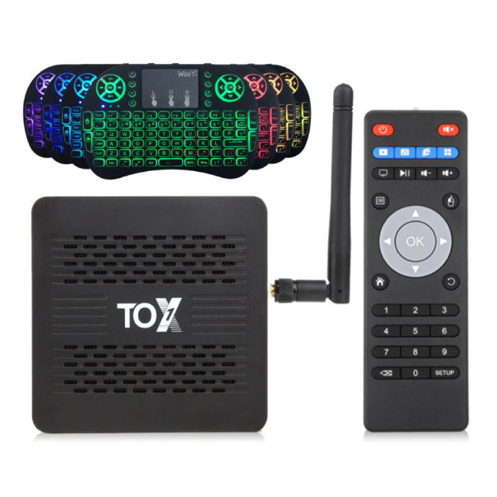 TOX1 TV Box Lettore multimediale Android 9.0 Kodi con tastiera RGB wireless - Bluetooth 4.2 - 4K - 4 GB di RAM - 32 GB di spazio di archiviazione