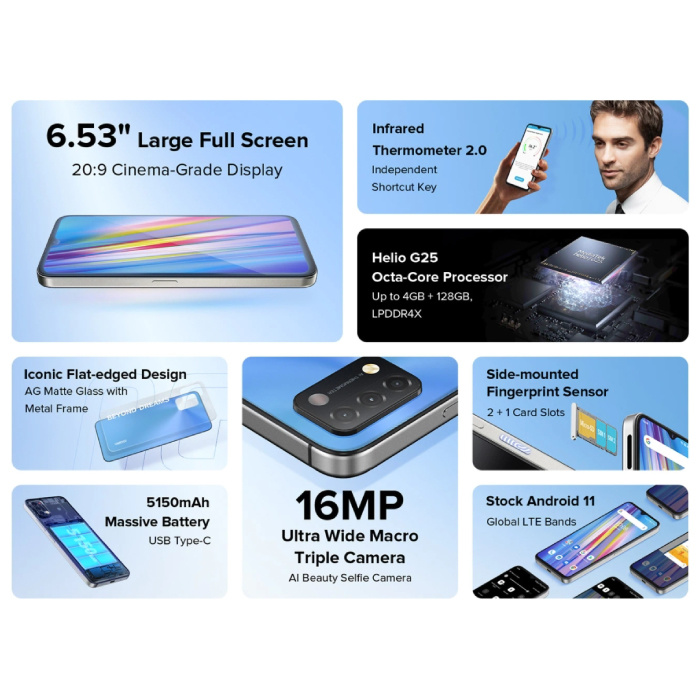 UMIDIGI A11 Smartphone Frost Grey - SIM desbloqueada gratis - 3GB RAM - 64 GB de almacenamiento - Cámara triple de 16MP - Batería de 5150mAh - Perfecto - Garantía de 3 años