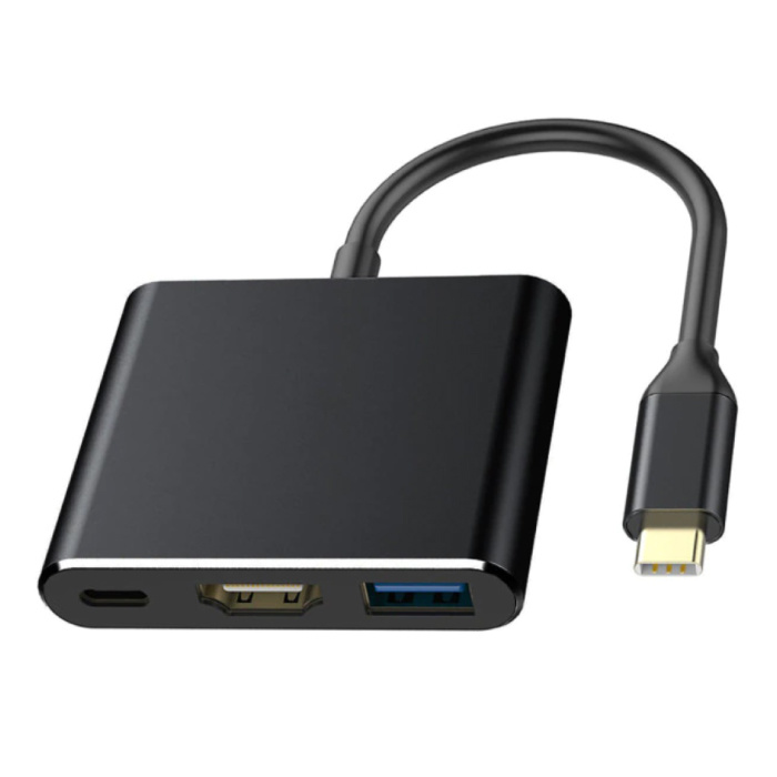 Concentrador USB-C 3 en 1 - Compatible con Macbook Pro / Air - USB 3.0 / Tipo C PD / HDMI - Divisor de suministro de energía para transferencia de datos Negro