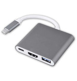 Besiuni Concentrador USB-C 3 en 1 - Compatible con Macbook Pro / Air - USB 3.0 / Tipo C PD / HDMI - Divisor de suministro de energía para transferencia de datos Gris