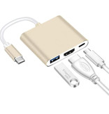 Besiuni Concentrador USB-C 3 en 1 - Compatible con Macbook Pro / Air - USB 3.0 / Tipo C PD / HDMI - Divisor de suministro de energía para transferencia de datos Dorado