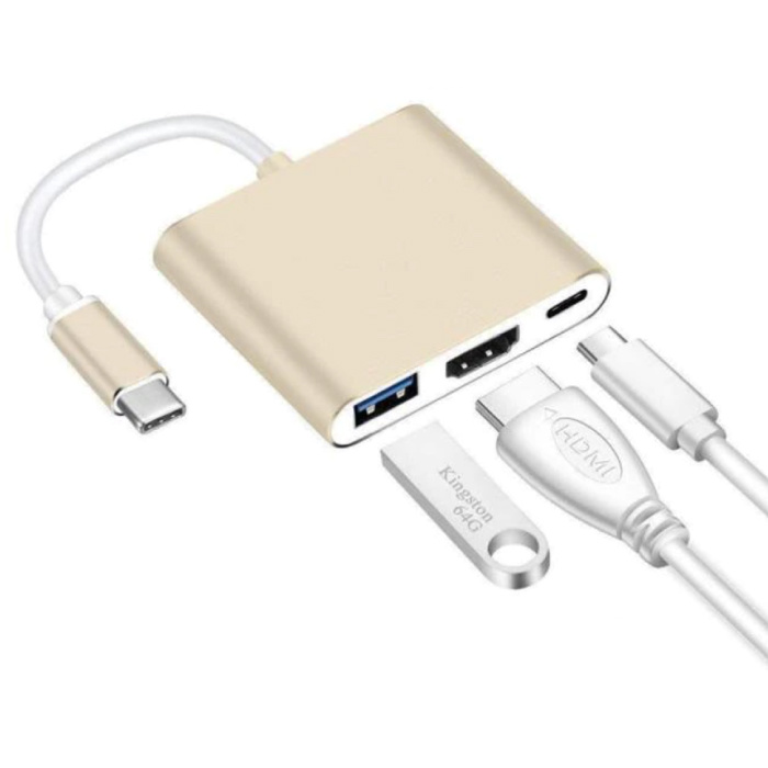 Concentrador USB-C 3 en 1 - Compatible con Macbook Pro / Air - USB 3.0 / Tipo C PD / HDMI - Divisor de suministro de energía para transferencia de datos Dorado