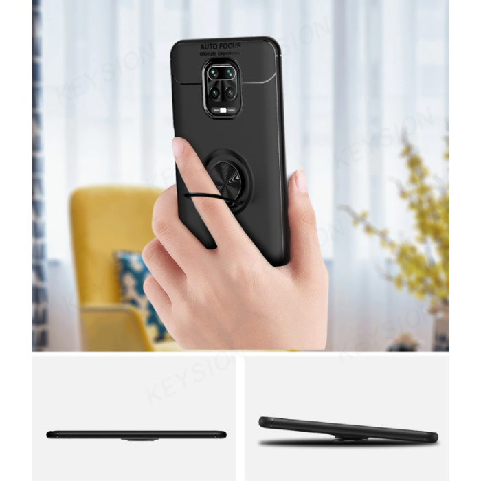 Keysion Xiaomi Redmi Note 9 Pro Hoesje met Metalen Ring  - Auto Focus Shockproof Case Cover Cas TPU Rood + Kickstand