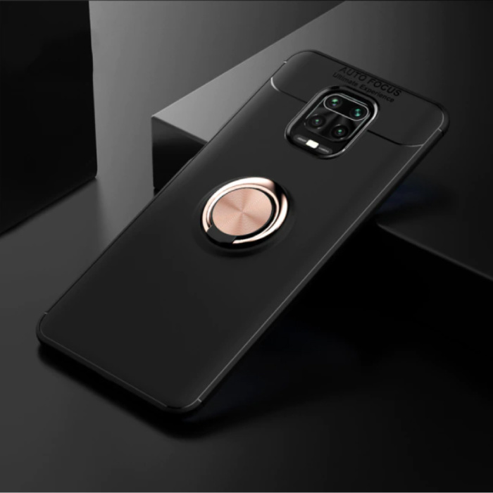 Xiaomi Mi Note 10 Lite Etui z Metalowym Pierścieniem - Auto Focus Odporny na Wstrząsy Pokrowiec Case TPU Czarno-Złoty + Podpórka