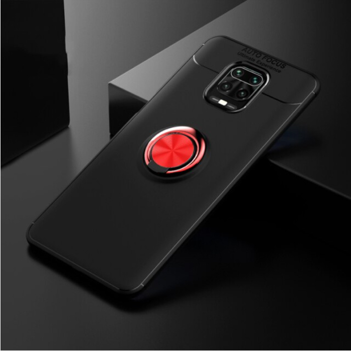 Keysion Xiaomi Redmi Note 9 Pro Max Hoesje met Metalen Ring  - Auto Focus Shockproof Case Cover Cas TPU Zwart-Rood + Kickstand