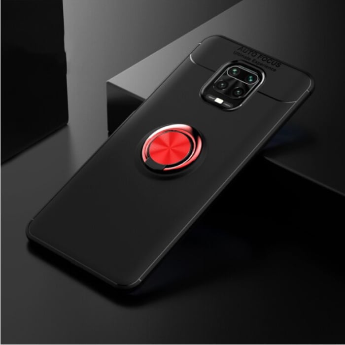 Xiaomi Redmi Note 9 Pro Max Hoesje met Metalen Ring  - Auto Focus Shockproof Case Cover Cas TPU Zwart-Rood + Kickstand