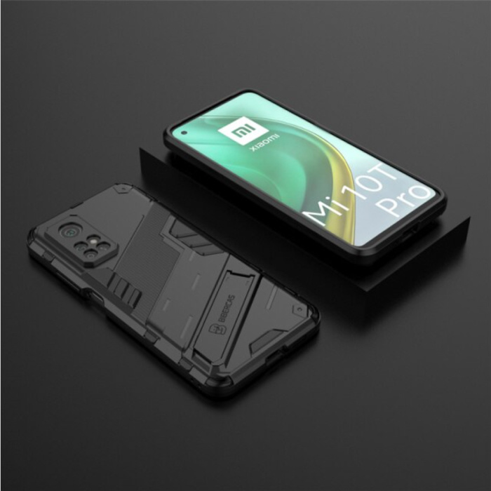 BIBERCAS Xiaomi Mi 10T Pro Hoesje met Kickstand - Shockproof Armor Case Cover TPU Zwart