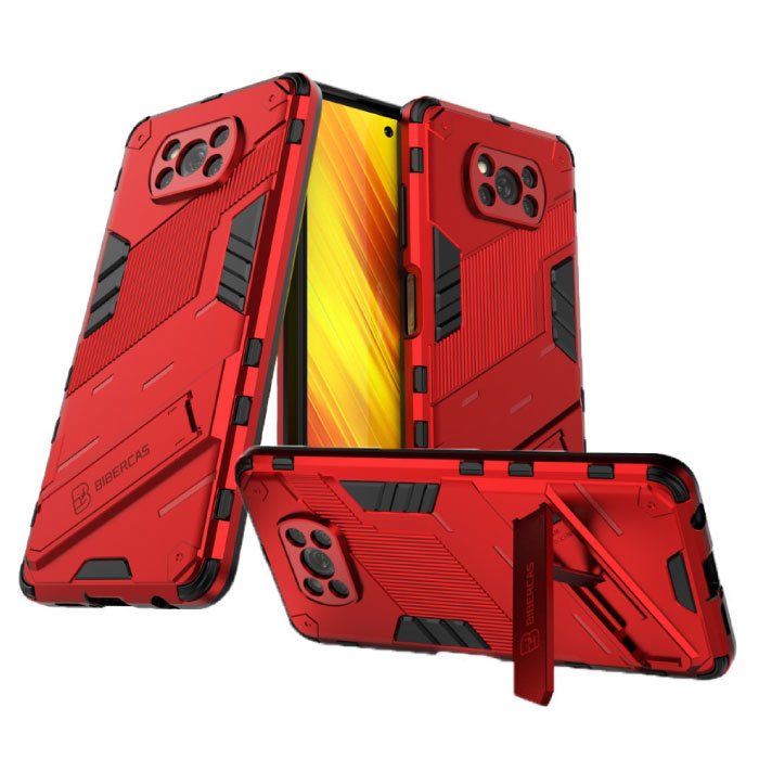 BIBERCAS Custodia Xiaomi Mi 10T con cavalletto - Custodia antiurto per armatura TPU rossa