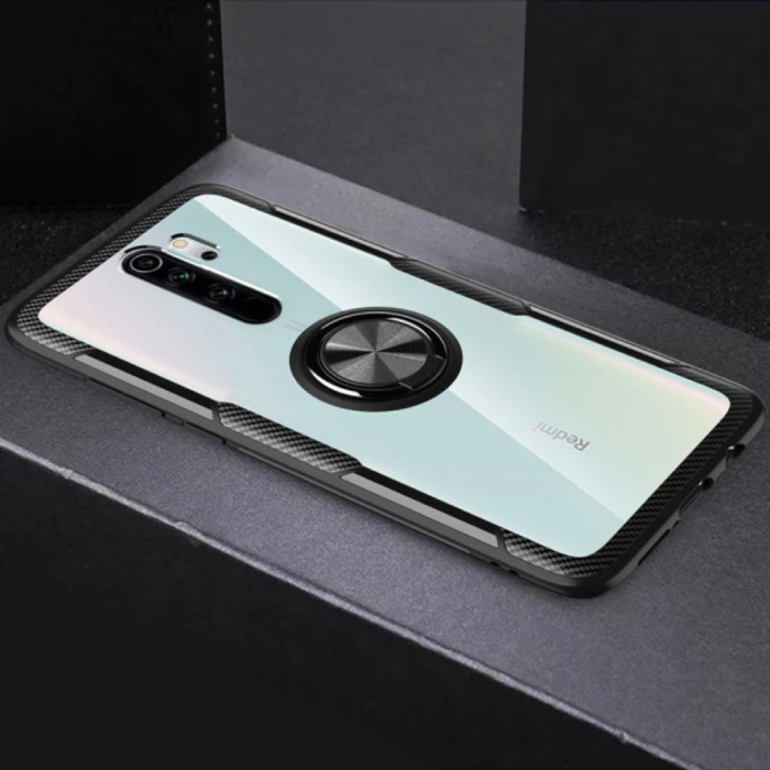 Xiaomi Redmi Note 9 Pro Hoesje met Metalen Ring Kickstand - Transparant Shockproof Case Cover PC Zwart