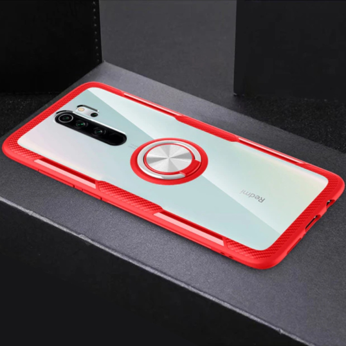 Etui Xiaomi Mi Note 10 z metalową podpórką z pierścieniem - przezroczysta, odporna na wstrząsy obudowa PC, czerwona