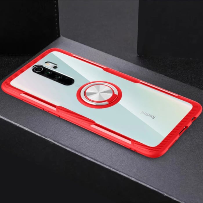 Xiaomi Redmi Note 9 Case with Metal Ring Kickstand - Transparent Shockproof Case Cover PC Red