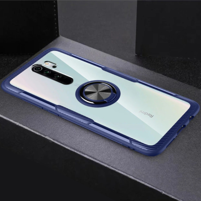 Xiaomi Redmi Note 7 Hoesje met Metalen Ring Kickstand - Transparant Shockproof Case Cover PC Blauw