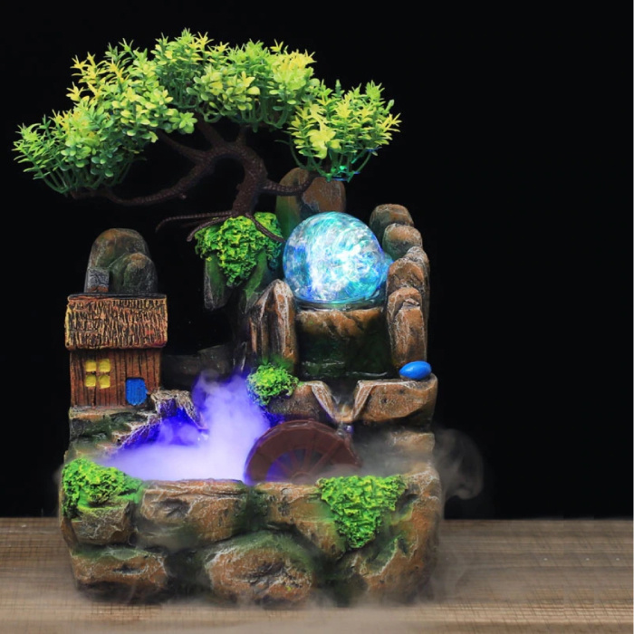 Mulino ad acqua da giardino Zen con cascata ornamentale con nebulizzatore - Sfera di cristallo a LED Albero dei bonsai Ornamento decorativo per fontana Feng Shui