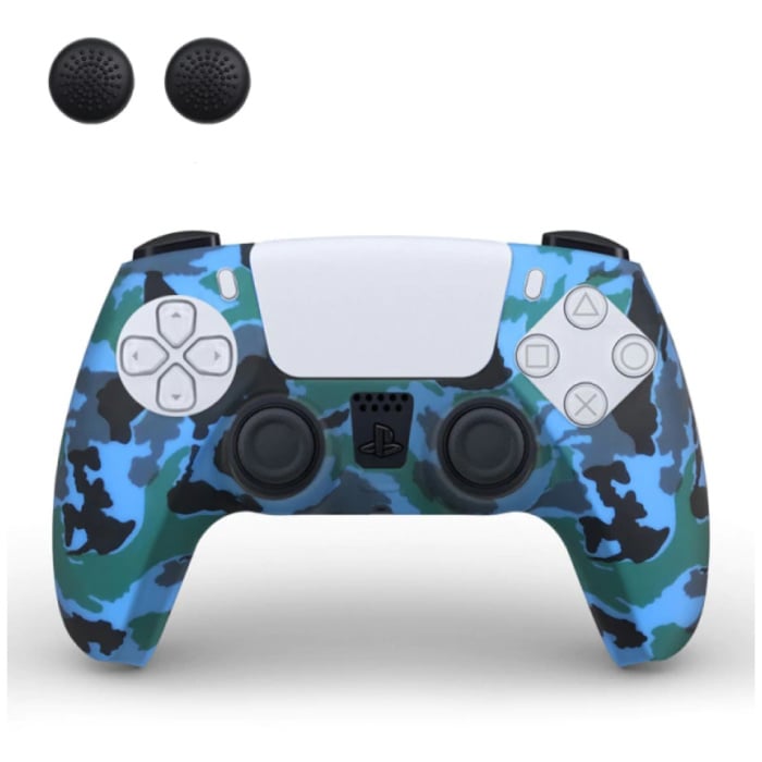 Antislip Hoes / Skin voor PlayStation 5 Controller met Joystick Caps - Rubber Grip Cover PS5 - Blauw Camo