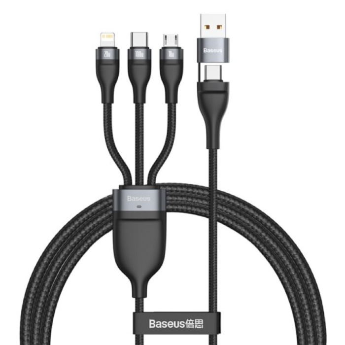 3 in 1 Charging Cable - iPhone Lightning / USB-C / Micro-USB - 1.2 Meter Charger Braided Nylon Data Cable Black