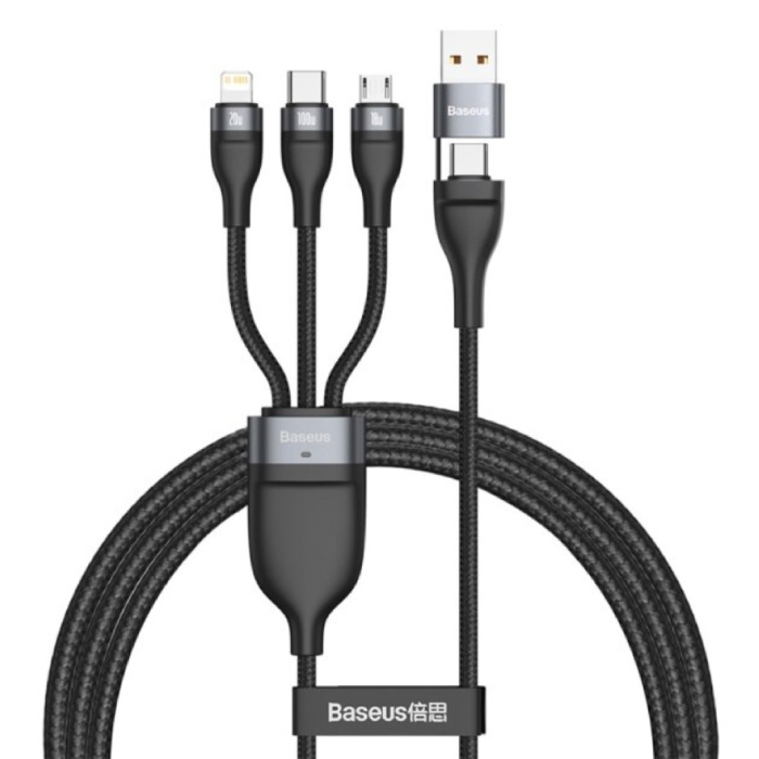 Cable de carga 3 en 1 - iPhone Lightning / USB-C / Micro-USB - Cargador de 1,2 metros Cable de datos de nailon trenzado Negro
