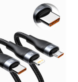 Baseus Cable de carga 3 en 1 - iPhone Lightning / USB-C / Micro-USB - Cargador de 1,2 metros Cable de datos de nailon trenzado Negro