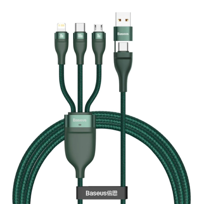 3 in 1 Charging Cable - iPhone Lightning / USB-C / Micro-USB - 1.2 Meter Charger Braided Nylon Data Cable Green
