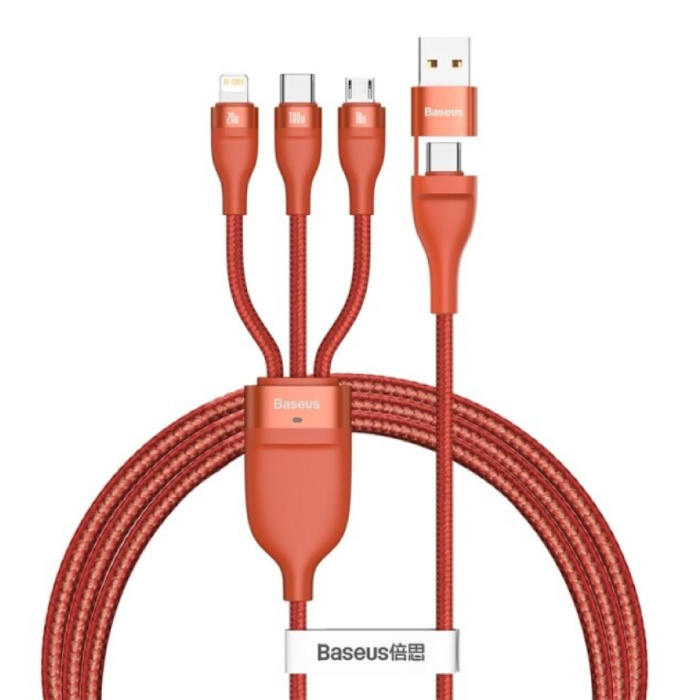 Kabel do ładowania 3 w 1 - iPhone Lightning / USB-C / Micro-USB - Ładowarka 1,2 m Pleciony nylonowy kabel do transmisji danych Czerwony