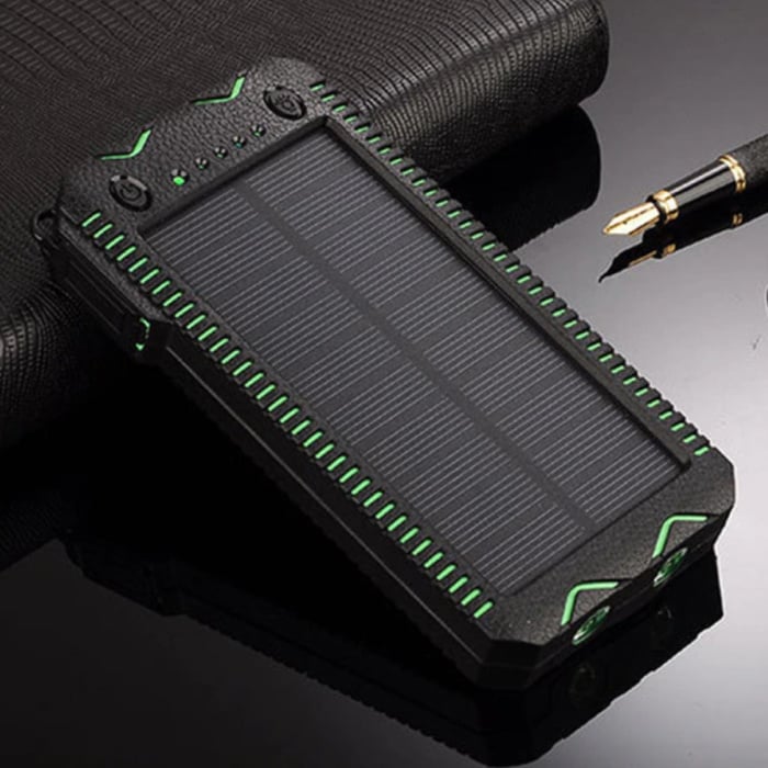 Solar Power Bank with 2 Ports 80.000mAh - Built-in Flashlight and Cigarette Lighter - External Emergency Battery Battery Charger Charger Sun Green