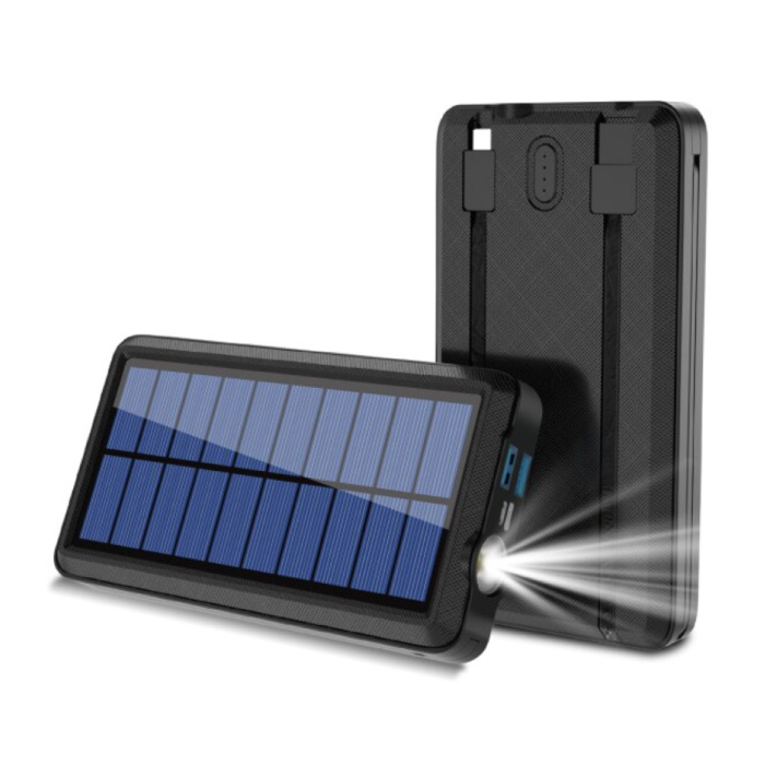 Qi Wireless Solar Power Bank con 2 Porte 80.000mAh - Cavi Micro-USB/USB-C/Lightning - Torcia Incorporata - Caricabatteria di Emergenza Esterno Caricabatteria Sun Black