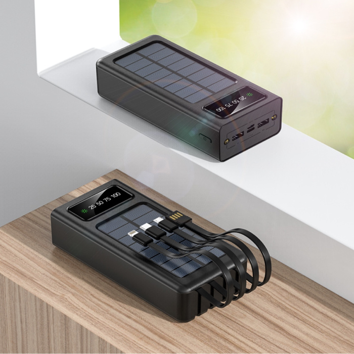 100 000 mAh Solar Power Bank z 2 wyjściami / 2 portami wejściowymi - 4 Typy Kabel ładujący - Wbudowana latarka - Zewnętrzna ładowarka awaryjna Ładowarka Ładowarka Sun Black