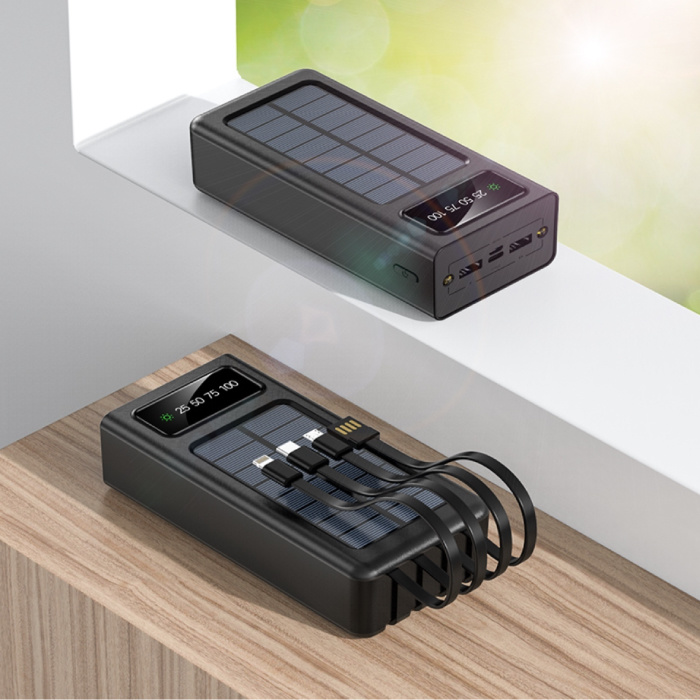 Banco de energía solar de 100,000 mAh con 2 puertos de salida / 2 puertos de entrada - 4 tipos de cable de carga - Linterna incorporada - Batería de emergencia externa Cargador de batería Cargador Sun Black