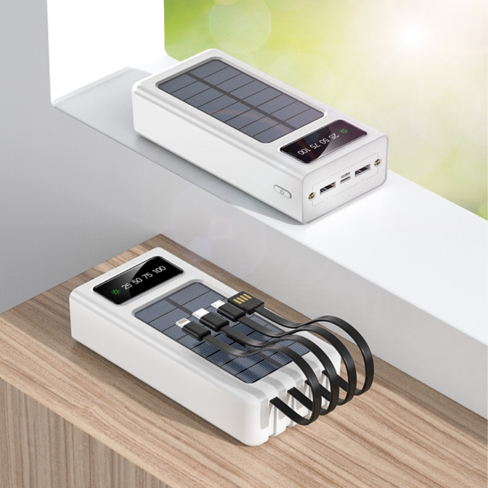 100 000 mAh Solar Power Bank z 2 wyjściami / 2 portami wejściowymi - 4 Typy Kabel ładujący - Wbudowana latarka - Zewnętrzna ładowarka awaryjna Ładowarka Ładowarka Sun White