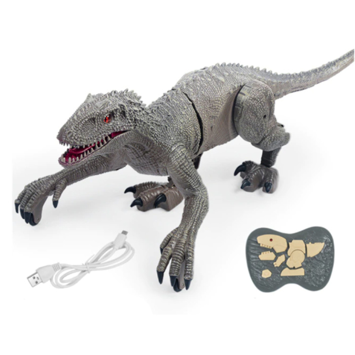 Dinozaur RC Velociraptor z pilotem - zdalnie sterowany robot szary