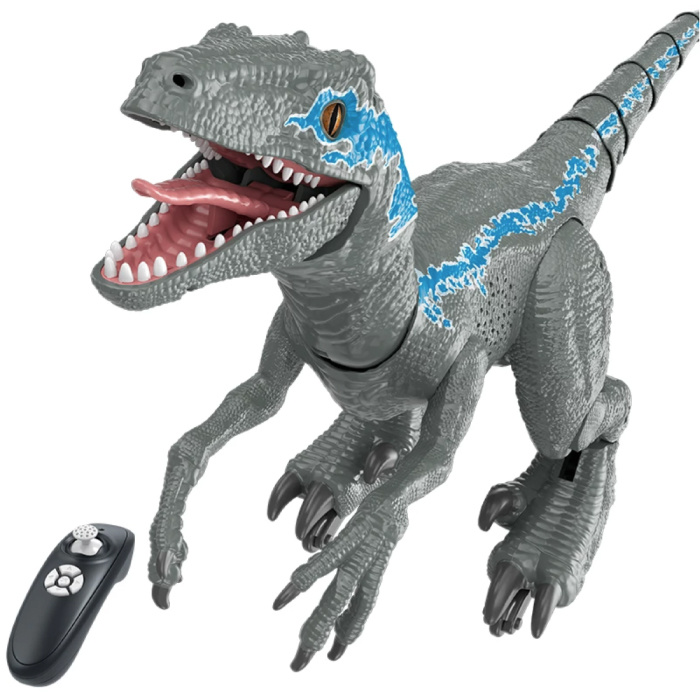 XL RC Velociraptor Dinosaur con telecomando - Robot giocattolo controllabile Raptor Blu-Grigio