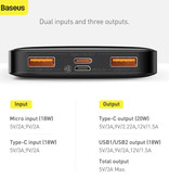 Baseus Power Bank 10,000mAh with 3 Charging Ports - 20W PD External Emergency Battery LED Display Battery Charger Charger Black