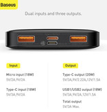 Baseus Powerbank 20.000mAh met 3 Oplaadpoorten  - 20W PD Externe Noodaccu LED Display Batterij Oplader Charger Zwart
