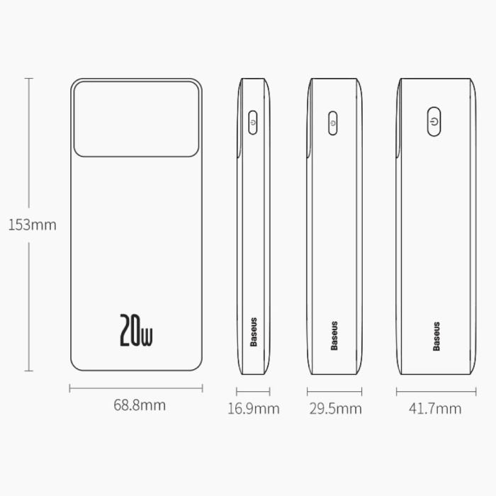 Baseus Powerbank 20.000mAh mit 3 Ladeanschlüssen - 20W PD Externer Notfallakku LED-Anzeige Akkuladegerät Ladegerät Weiß