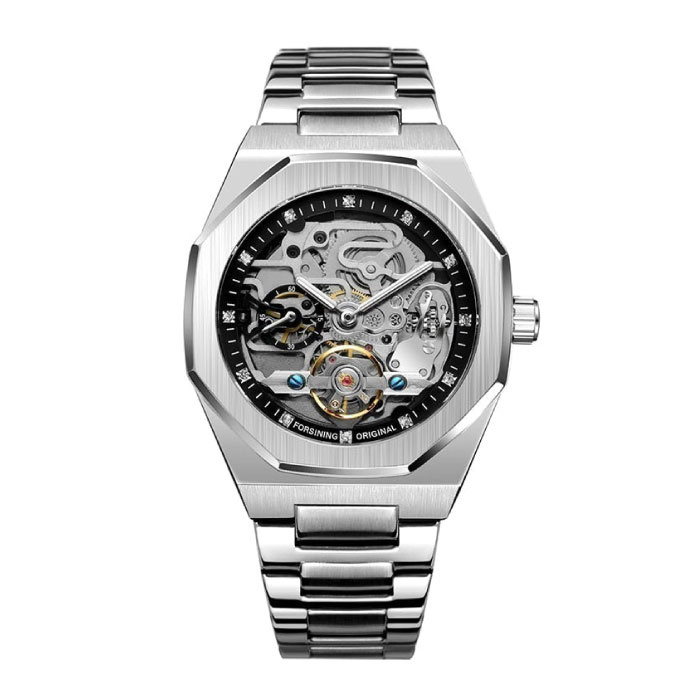 Mechaniczny luksusowy zegarek ze stali nierdzewnej dla mężczyzn — biznesowy zegarek na rękę srebrno-czarny