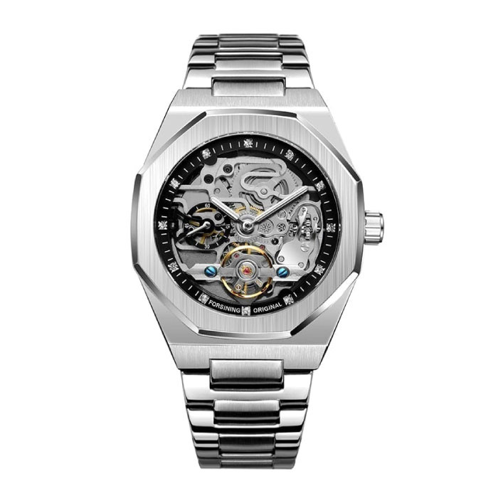 Montre de luxe mécanique en acier inoxydable pour hommes - Montre-bracelet de mode d'affaires Argent Noir