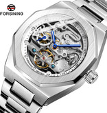 Forsining Reloj de lujo mecánico de acero inoxidable para hombres - Reloj de pulsera de moda empresarial Plata Negro