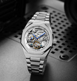 Forsining Reloj de lujo mecánico de acero inoxidable para hombres - Reloj de pulsera de moda empresarial Plata Negro