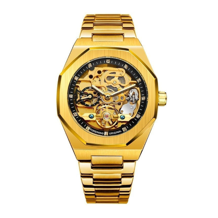 Reloj de lujo mecánico de acero inoxidable para hombres - Reloj de pulsera de moda empresarial Oro Negro