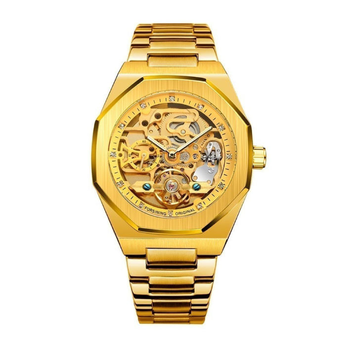 Reloj de lujo mecánico de acero inoxidable para hombre - Reloj de pulsera de moda empresarial dorado