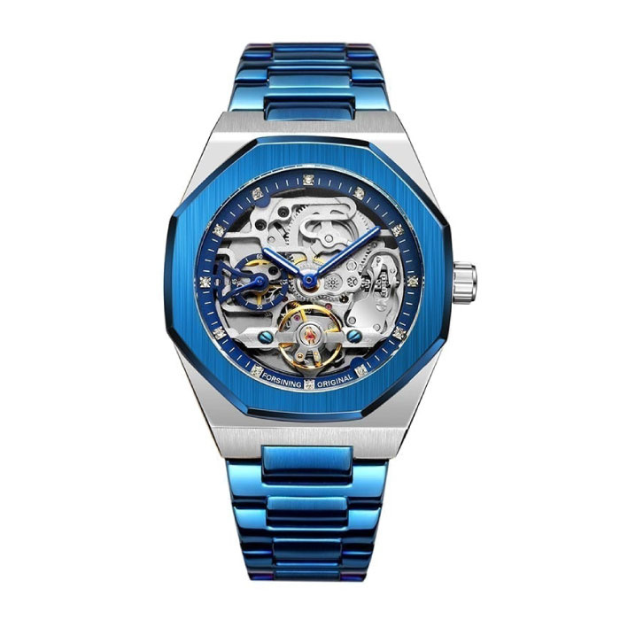 Mechaniczny luksusowy zegarek ze stali nierdzewnej dla mężczyzn — biznesowy zegarek na rękę niebieski