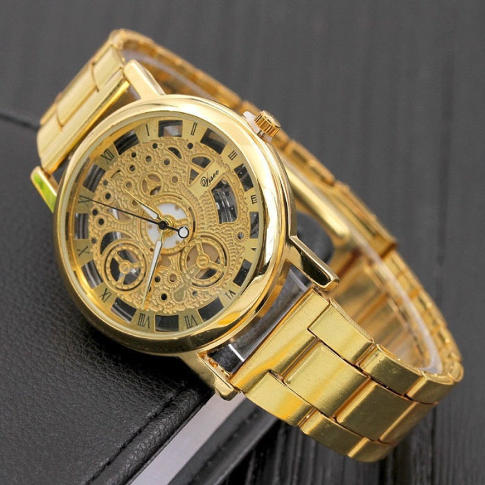 Orologio meccanico dal design cavo unisex - Orologio da polso di lusso in acciaio inossidabile alla moda business oro