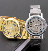 SOXY Mechaniczny zegarek z pustym wzorem Unisex - moda biznesowa Luksusowy zegarek na rękę ze stali nierdzewnej Złoty
