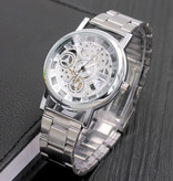 SOXY Reloj de diseño mecánico hueco Unisex - Moda de negocios Reloj de pulsera de lujo de acero inoxidable Plata