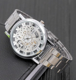 SOXY Montre mécanique de conception creuse unisexe - Montre-bracelet de luxe en acier inoxydable de mode d'affaires Argent